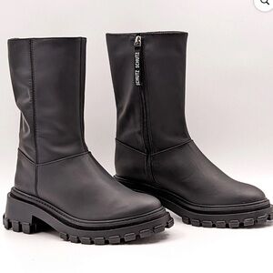 Schutz Juany Black Rubber Leather Combat Rain Boots